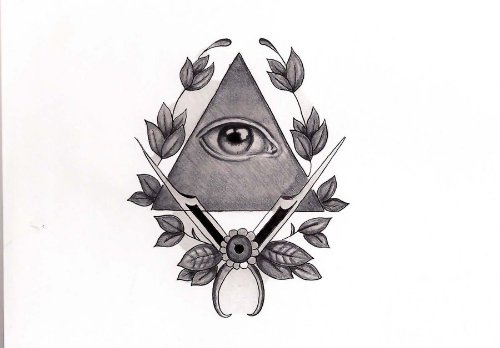 Attractive Grey Flowers and Illuminati Eye Tattoo Design